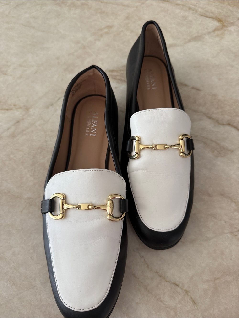 Alfani Two-Tone Black and White Leather Loafers with Gold Horsebit
